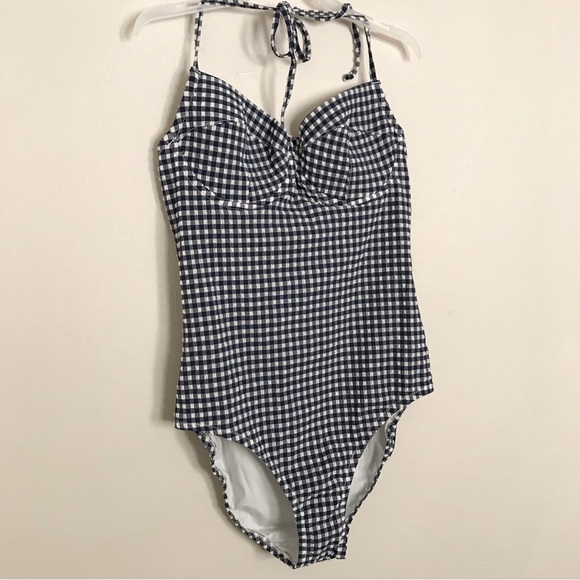 J.Crew Navy Blue Textured Seersucker Gingham One Piece Swimsuit Size 8 - Picture 2 of 15